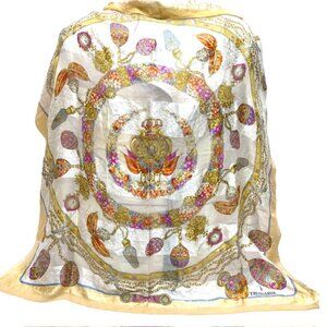 TRUSSARDI Scarf 100% SilkChiffon/Satin 35" light gold gray striped gold chain(62